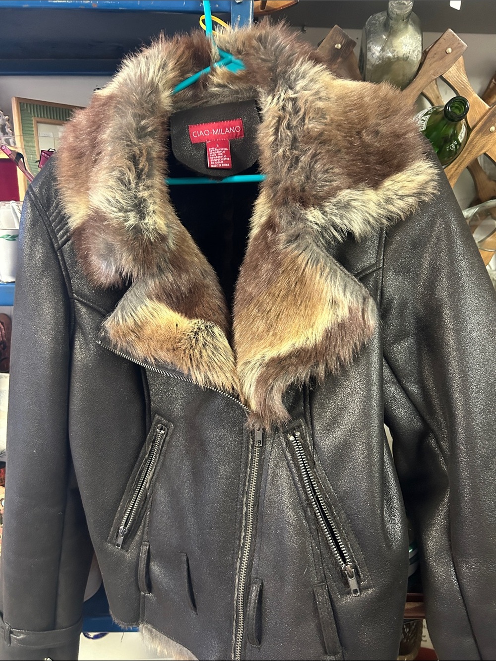 Milano Dark Brown Faux Leather Jacket with Brown Fur Collar